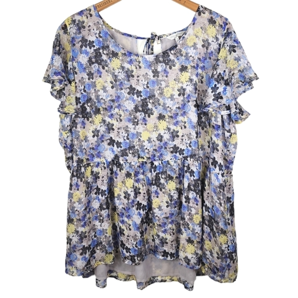 Lucky Brand Floral Short-Sleeve Peplum Top in Lavender, Yellow, Cream - Picture 3 of 8